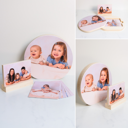 realisaties – collage-33-round woodbox Homedeco - round woodbox met fine art prints & houtblokje